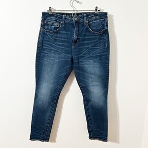 American Eagle Flex Original Taper Blue Skinny Jeans with Dark Wash Distressed